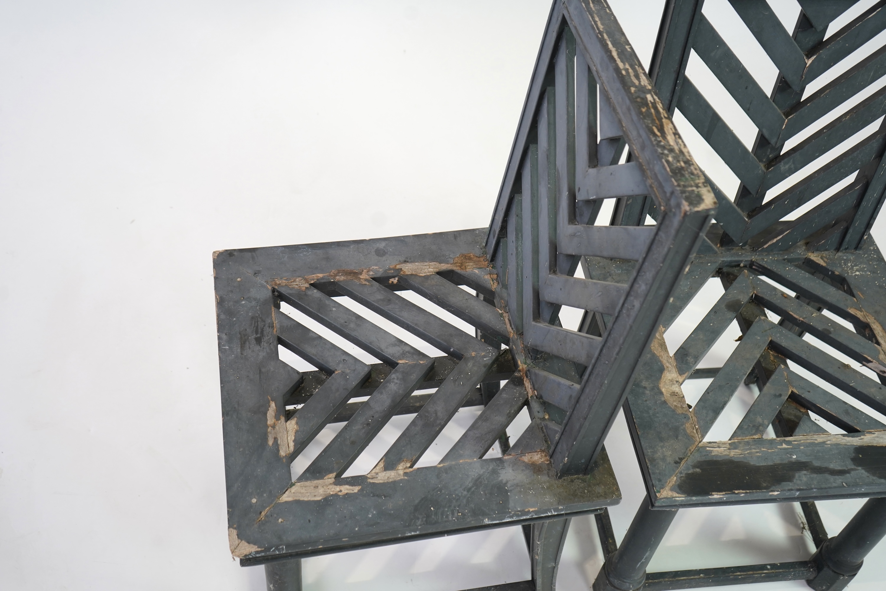 A set of fourteen green painted beech garden chairs, designed by Emilio Terry for the Theatre de Verdue, Chateau De Groussay